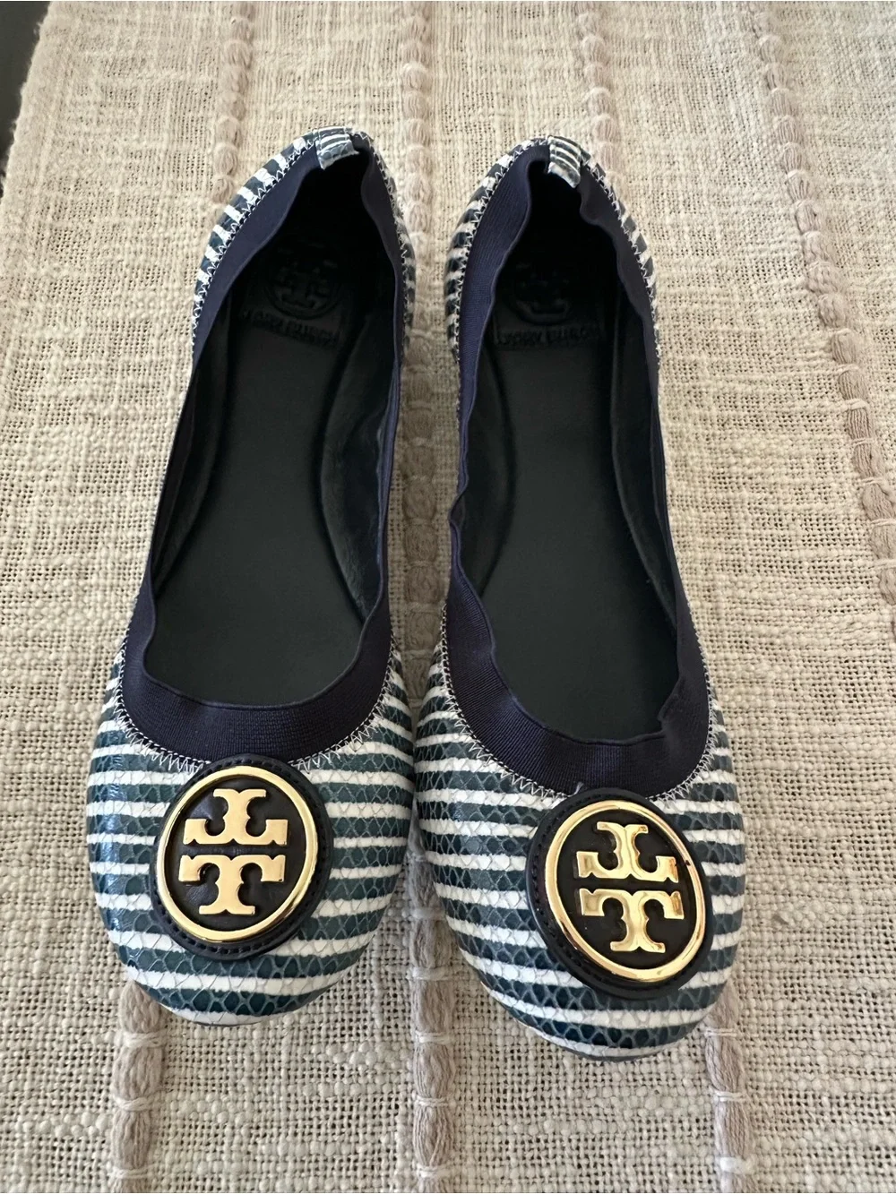 Tory Burch “Caroline” Navy and White Striped Logo Ballet Flats